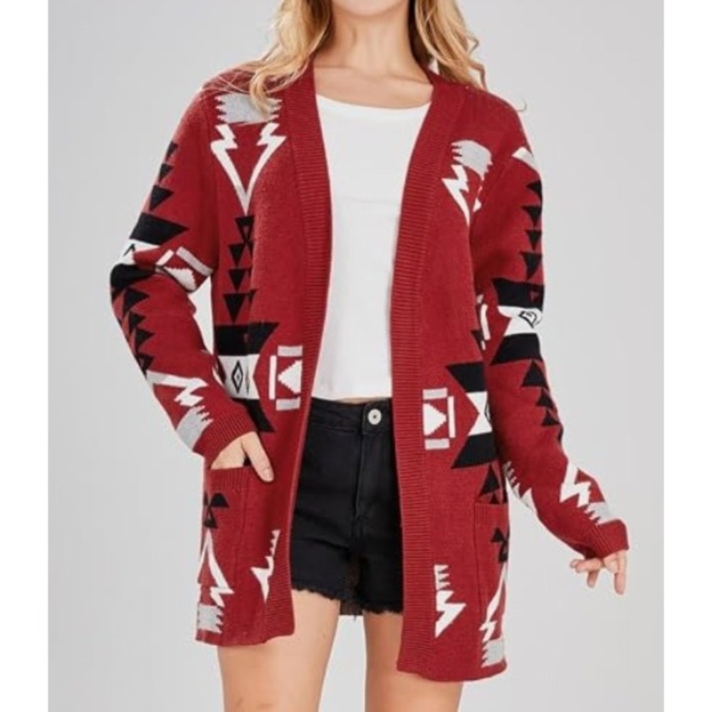 Chouyatou Womens Red Southwestern Geometric Open Front Cardigan Sweater XS